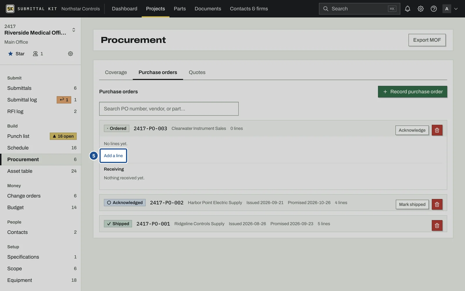 Quotes and Purchase Orders, step 5: the screen with the control outlined