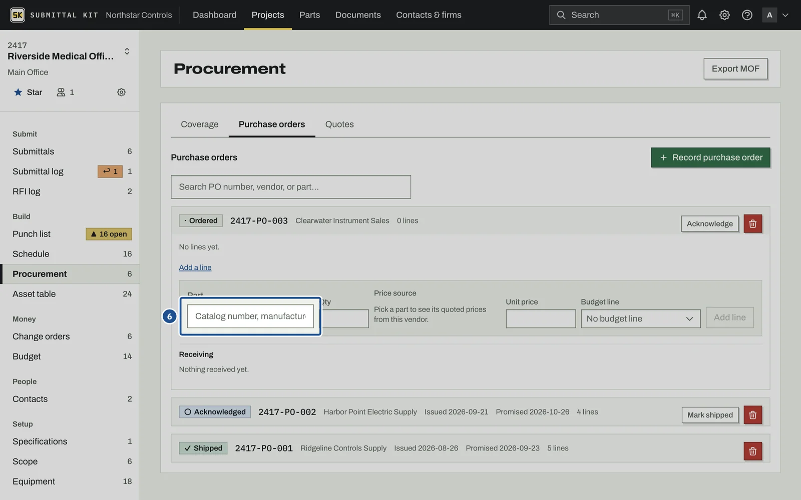 Quotes and Purchase Orders, step 6: the screen with the control outlined