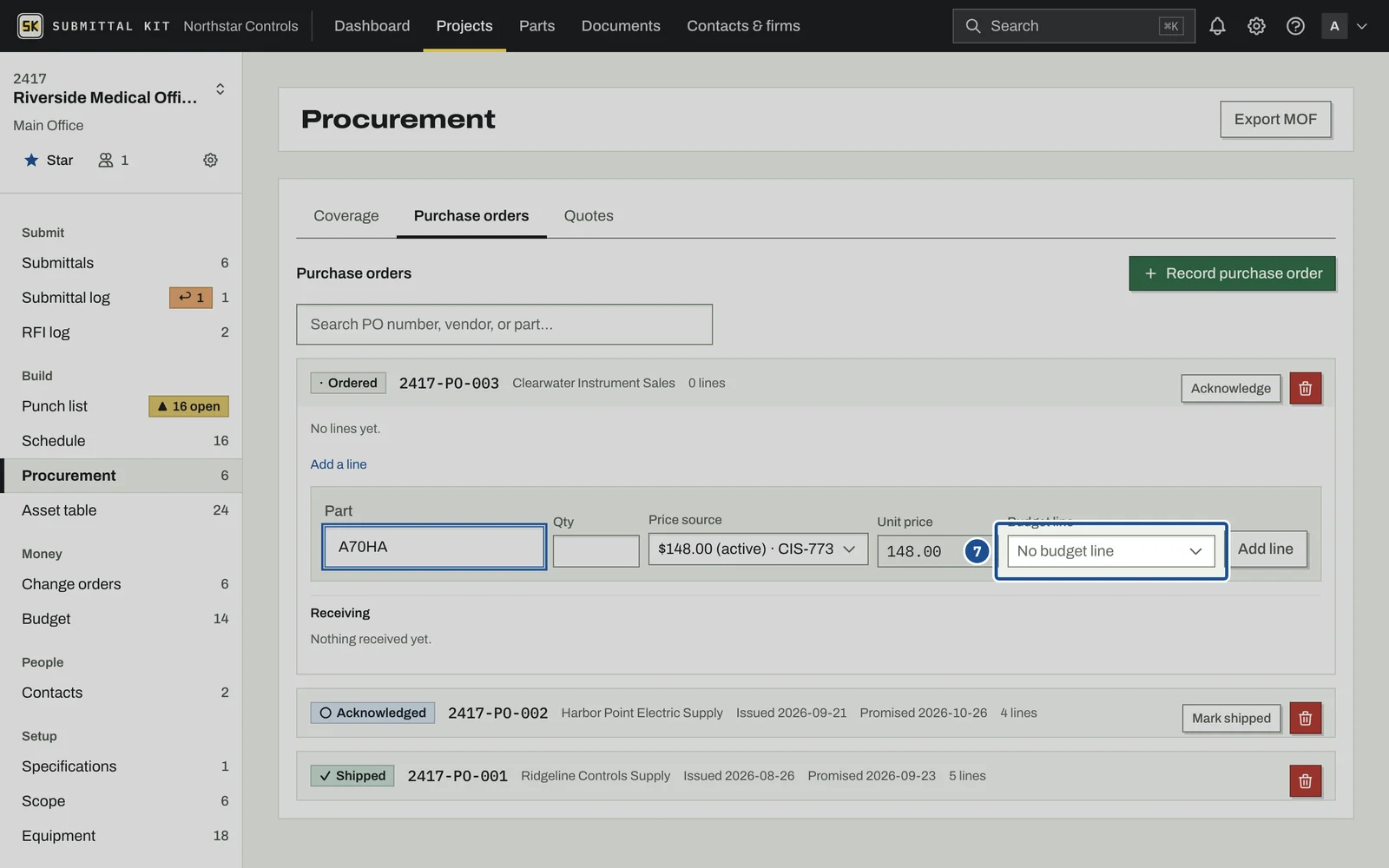 Quotes and Purchase Orders, step 7: the screen with the control outlined