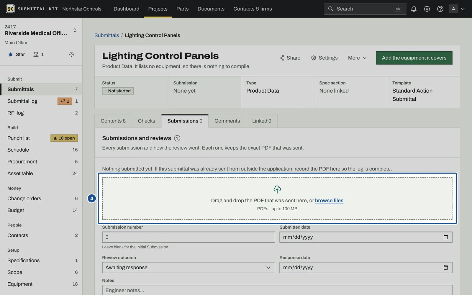 Record an External Submittal, step 4: the screen with the control outlined