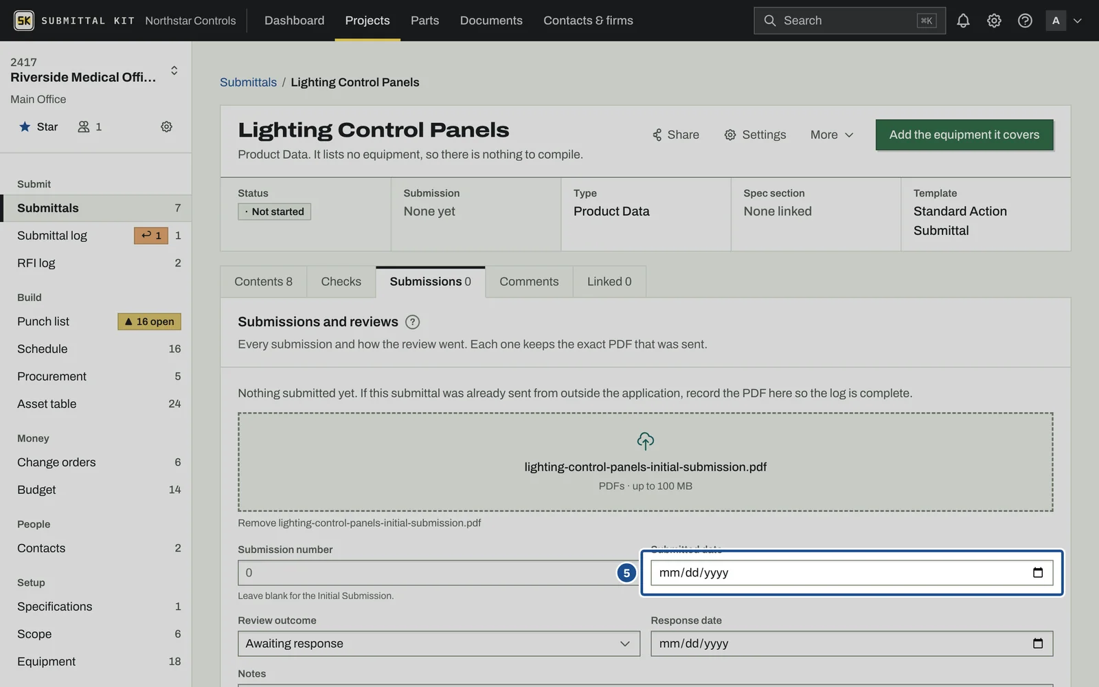 Record an External Submittal, step 5: the screen with the control outlined