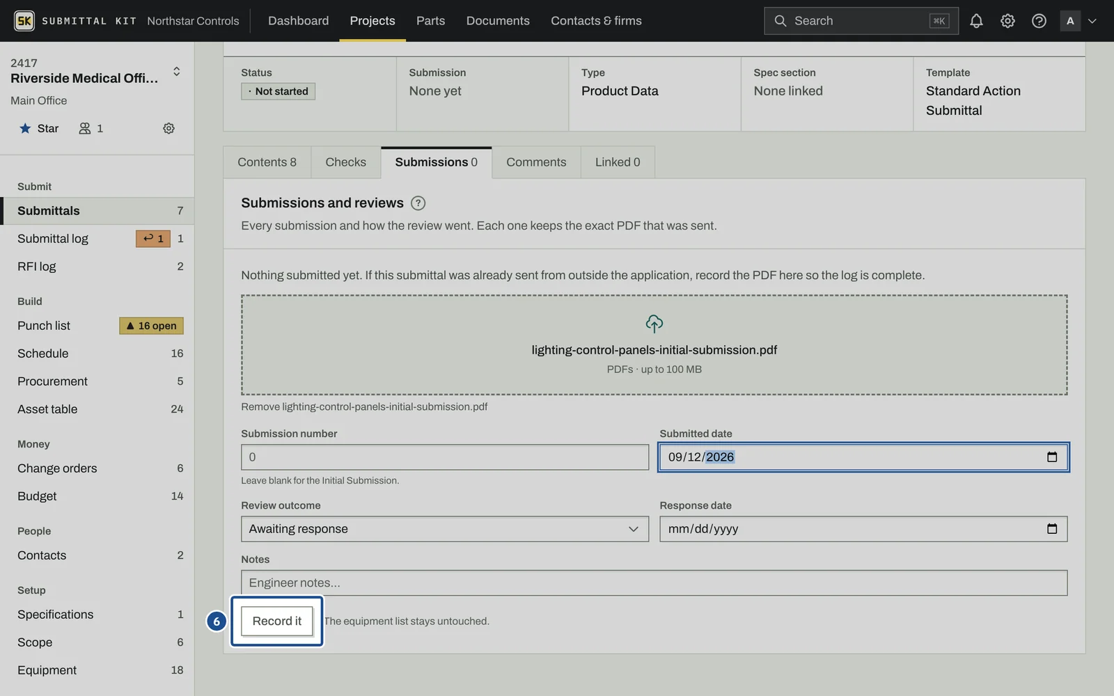 Record an External Submittal, step 6: the screen with the control outlined