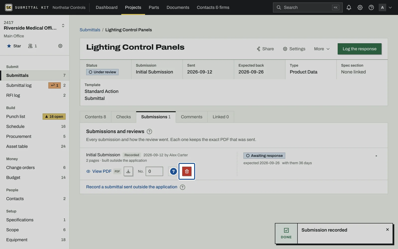Record an External Submittal, step 7: the screen with the control outlined