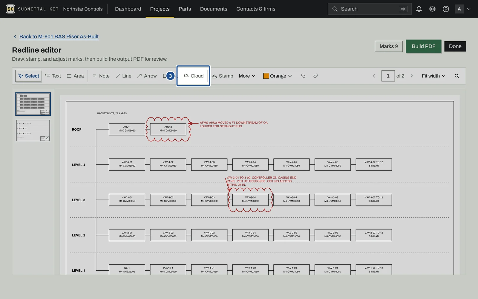As-Built Redlines, step 3: the screen with the control outlined
