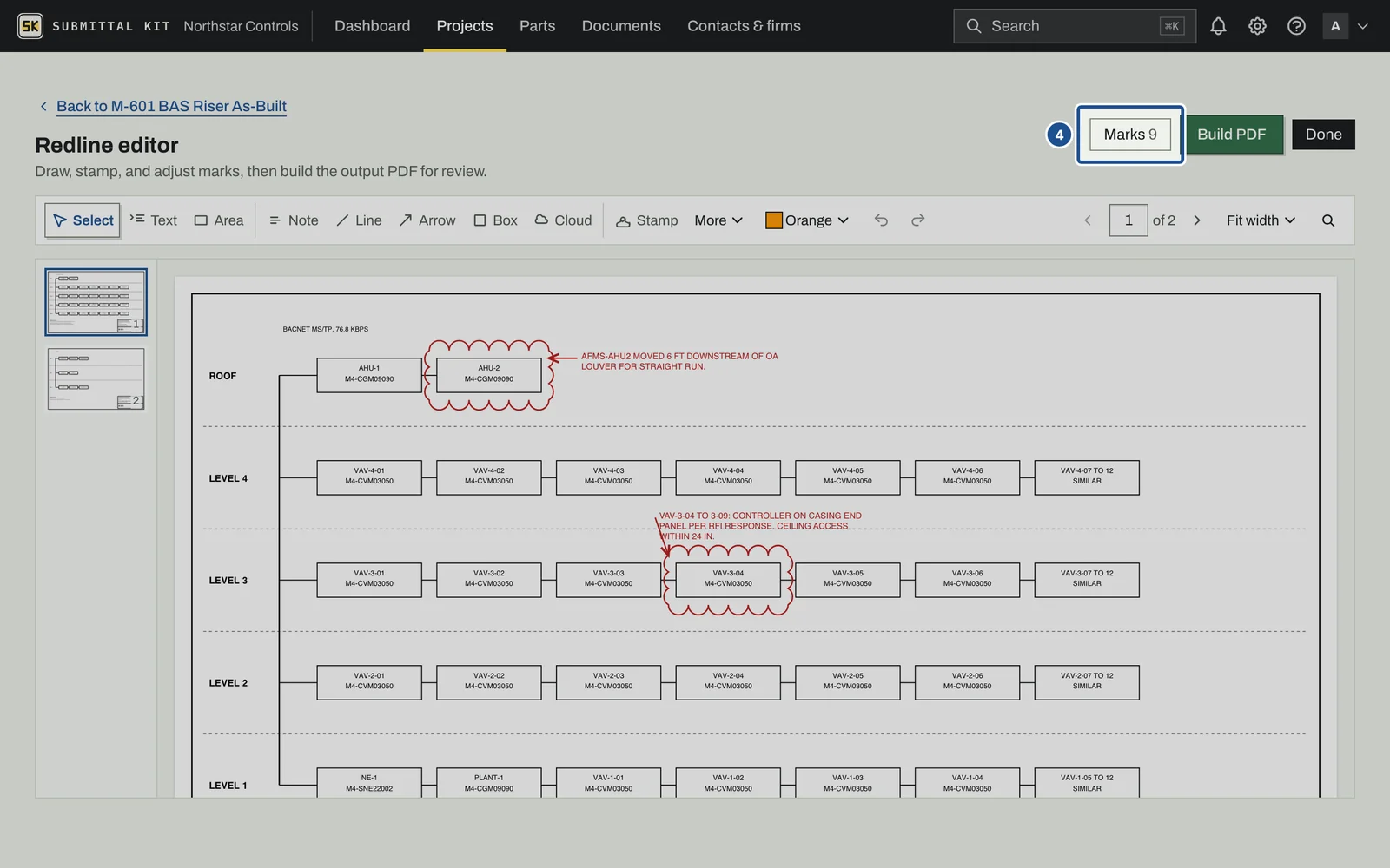 As-Built Redlines, step 4: the screen with the control outlined