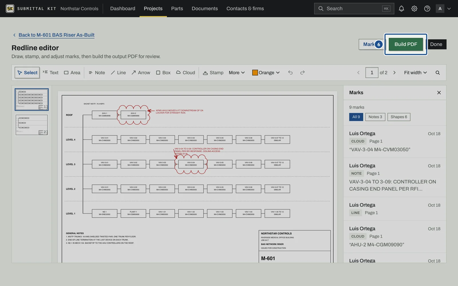 As-Built Redlines, step 6: the screen with the control outlined
