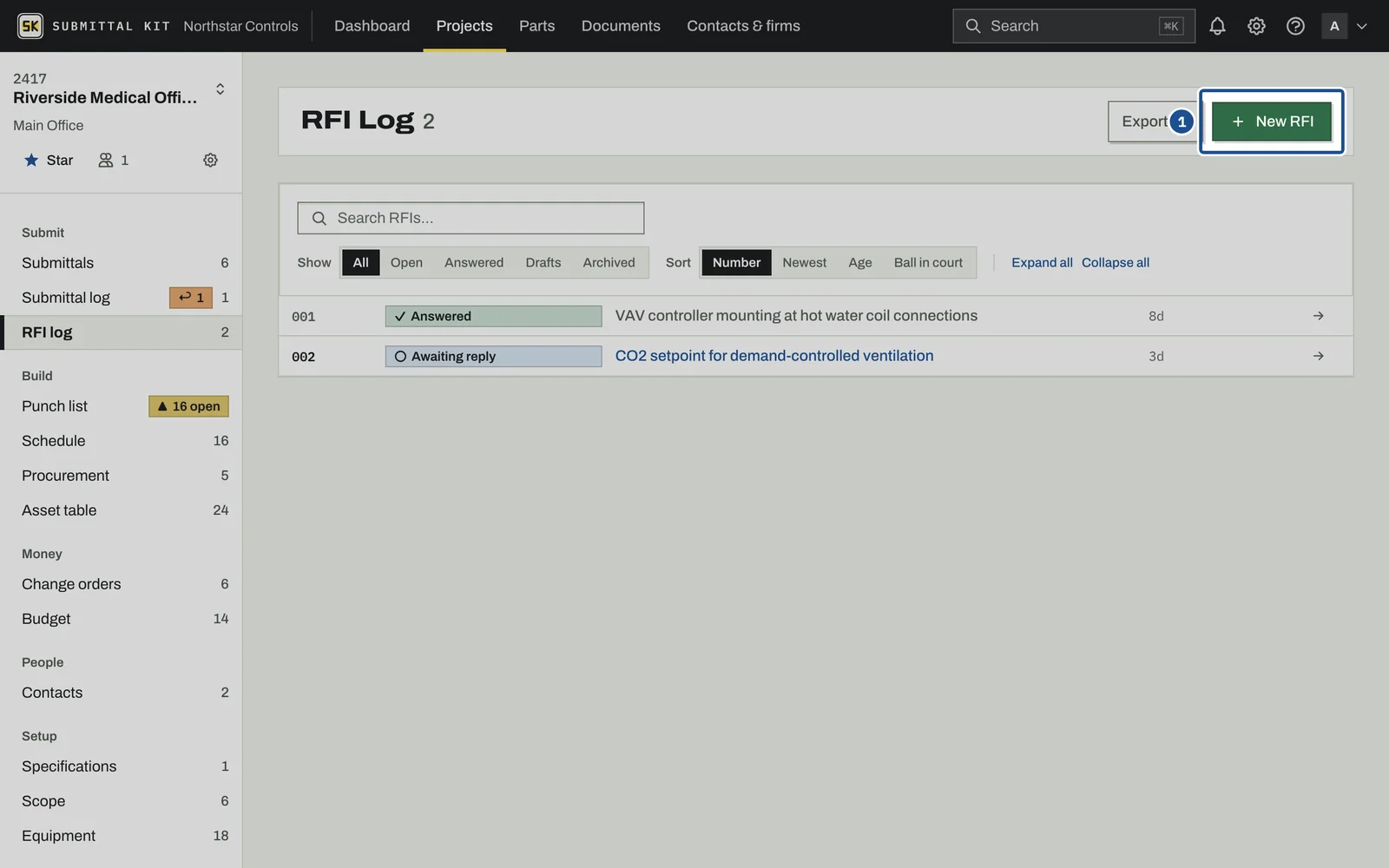 RFI Basics, step 1: the screen with the control outlined