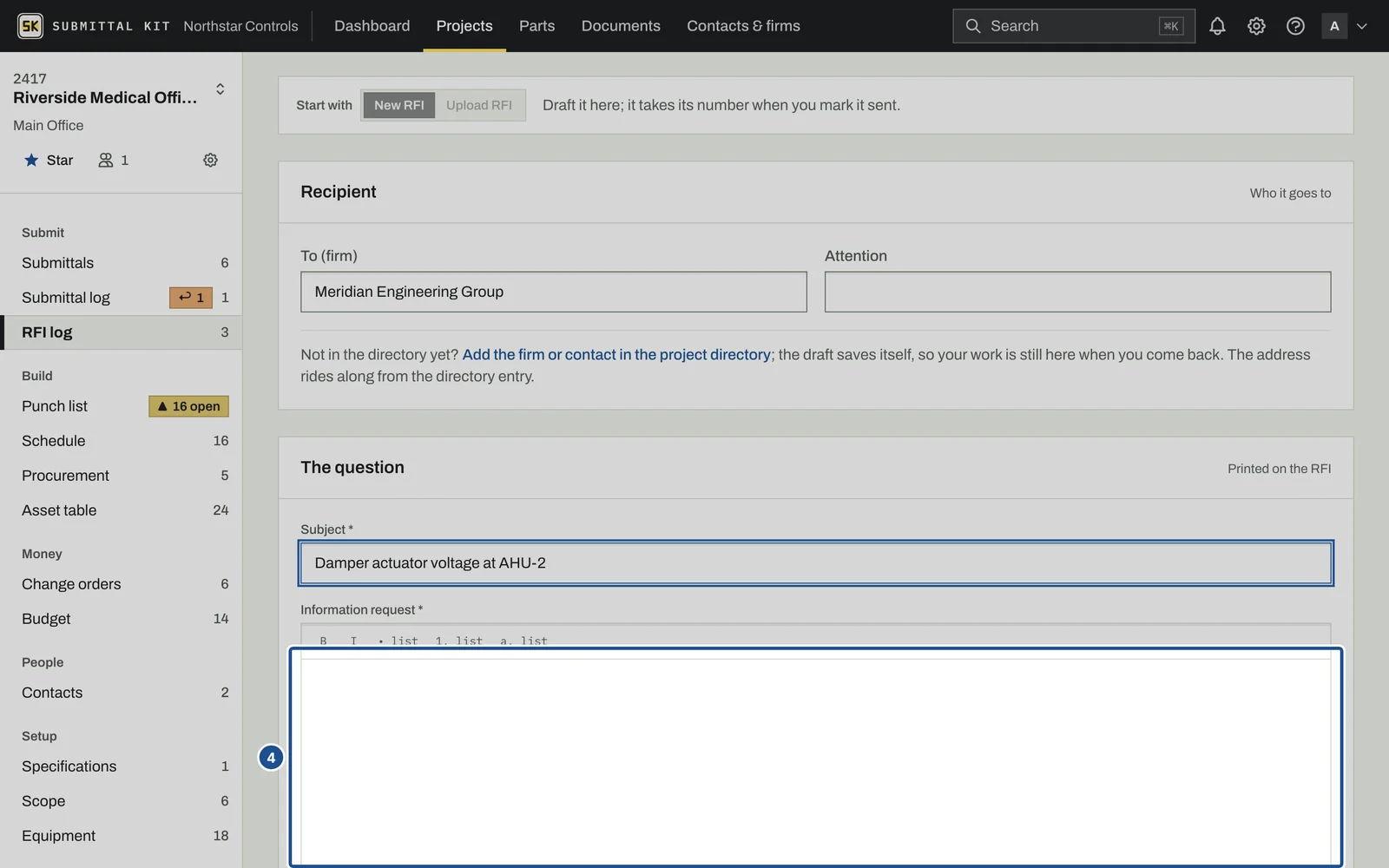 RFI Basics, step 4: the screen with the control outlined