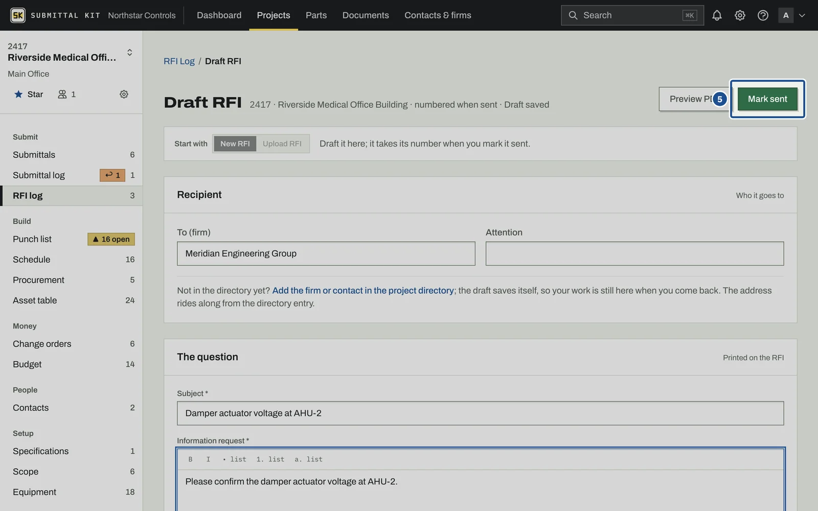 RFI Basics, step 5: the screen with the control outlined