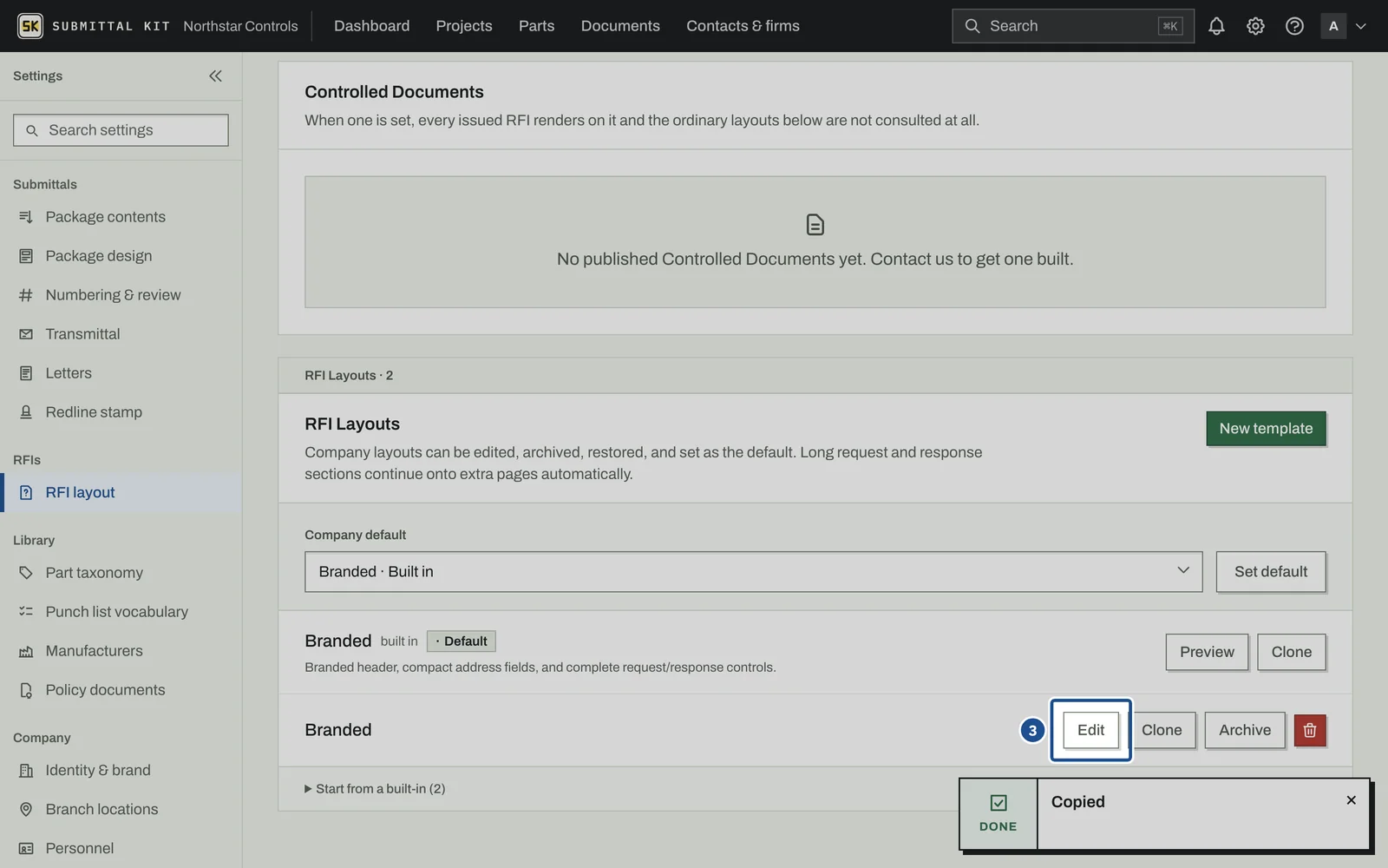 RFI Layouts, step 3: the screen with the control outlined