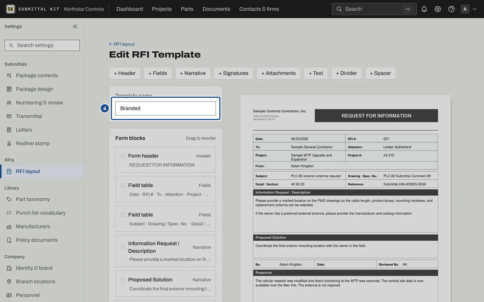 RFI Layouts, step 4: the screen with the control outlined