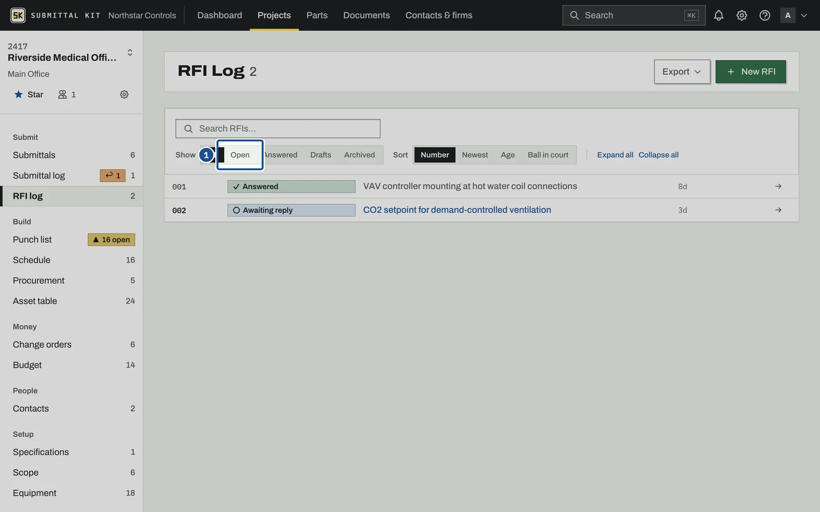 RFI Log, step 1: the screen with the control outlined
