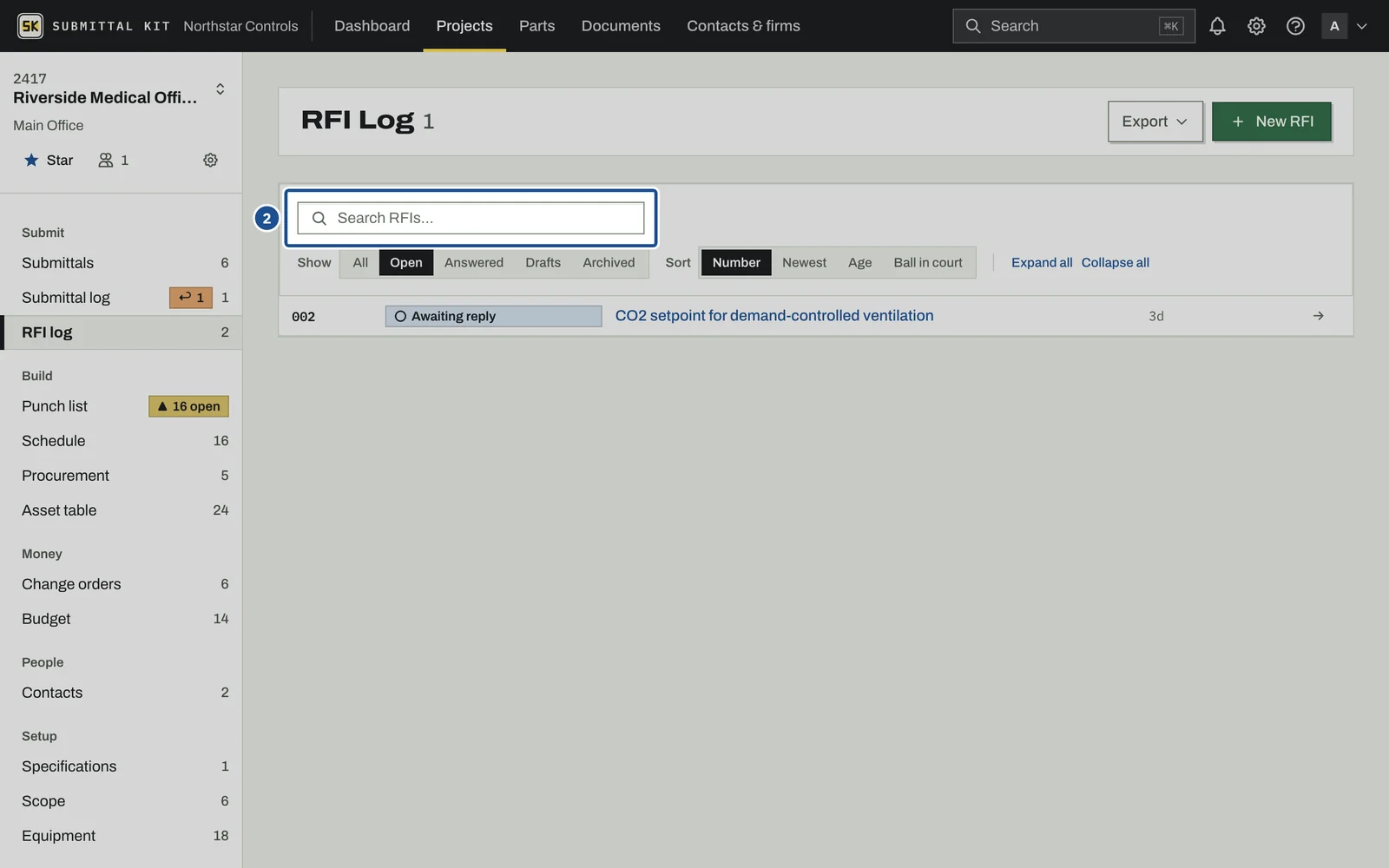 RFI Log, step 2: the screen with the control outlined