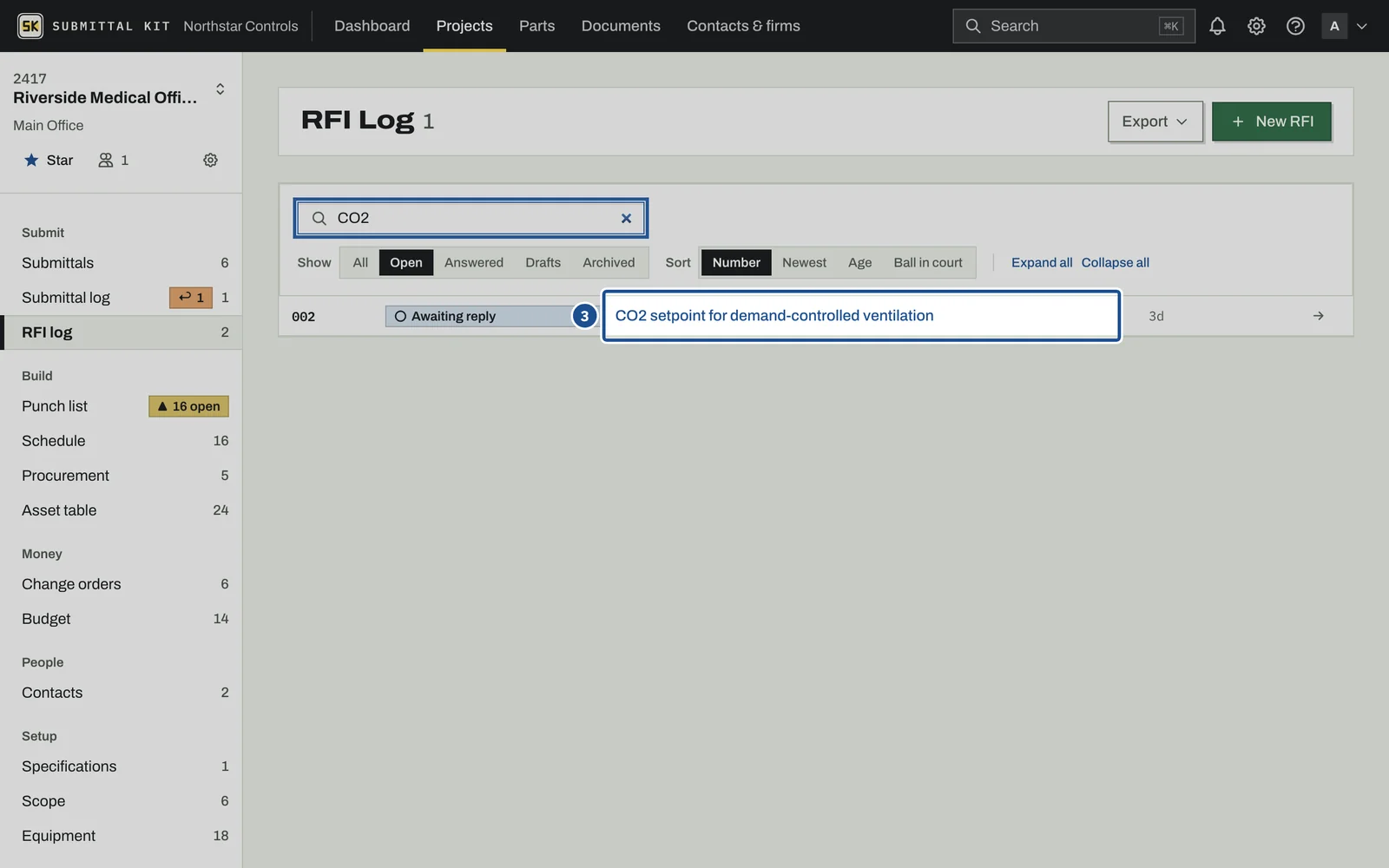 RFI Log, step 3: the screen with the control outlined