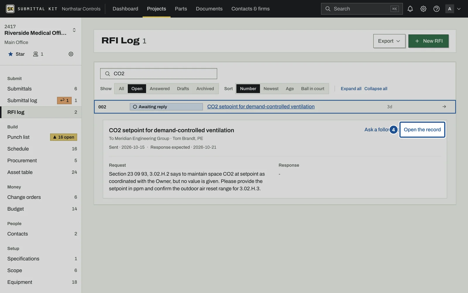 RFI Log, step 4: the screen with the control outlined