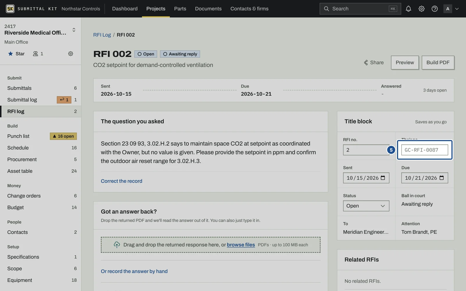 RFI Log, step 5: the screen with the control outlined