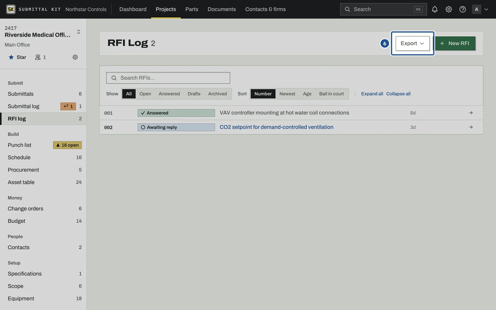 RFI Log, step 6: the screen with the control outlined