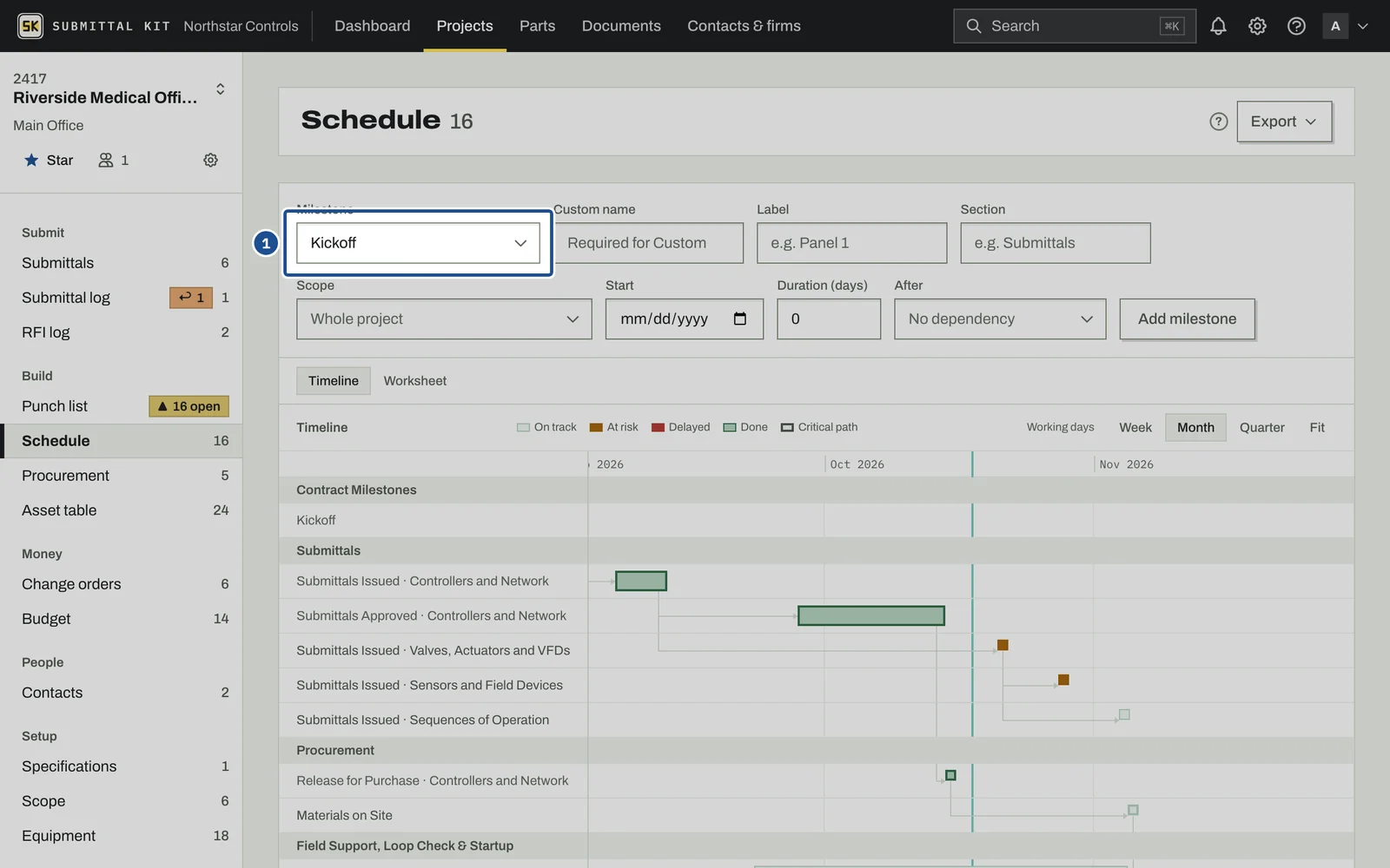 Schedule and Milestones, step 1: the screen with the control outlined