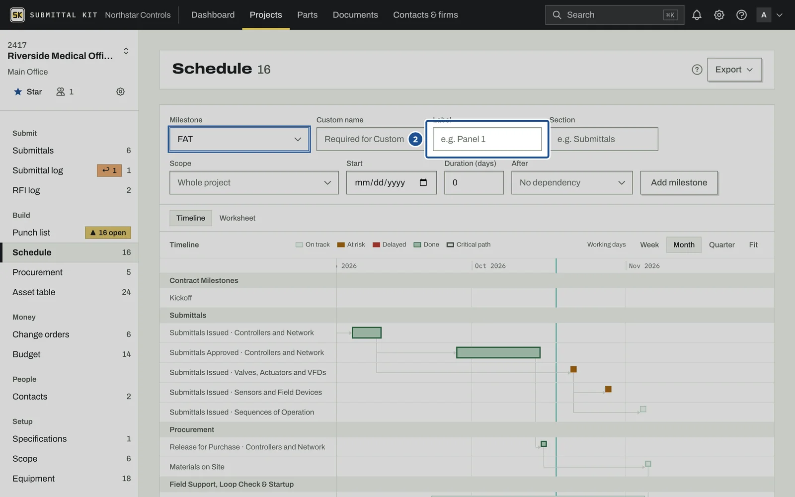 Schedule and Milestones, step 2: the screen with the control outlined