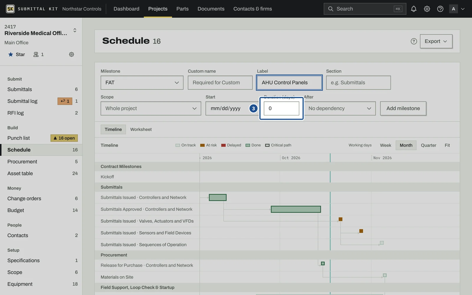 Schedule and Milestones, step 3: the screen with the control outlined