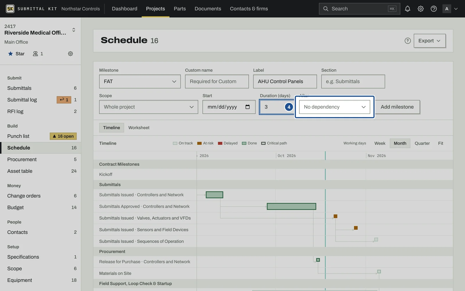 Schedule and Milestones, step 4: the screen with the control outlined
