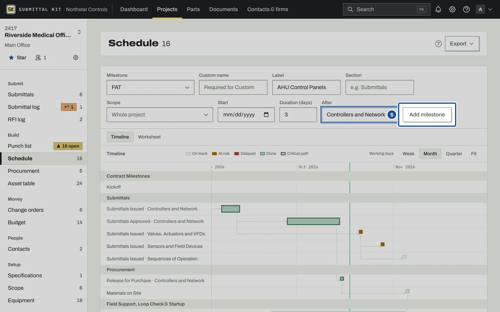 Schedule and Milestones, step 5: the screen with the control outlined
