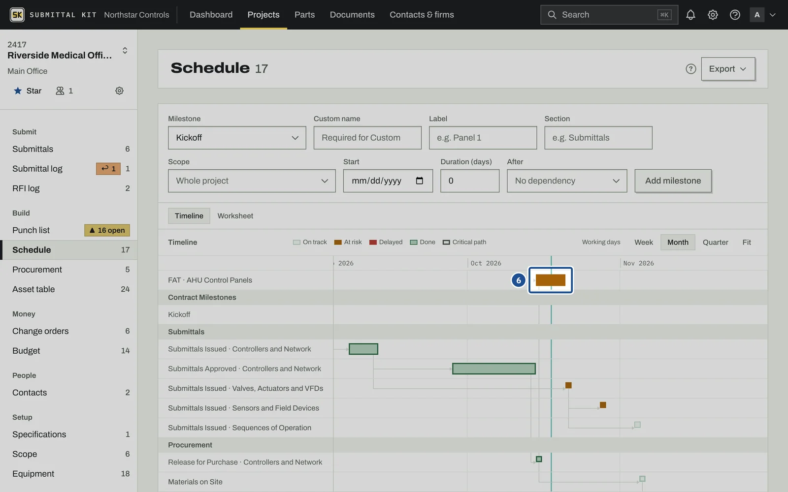 Schedule and Milestones, step 6: the screen with the control outlined
