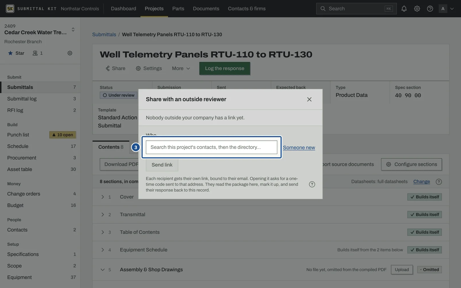 Share with an outside reviewer, step 3: the screen with the control outlined