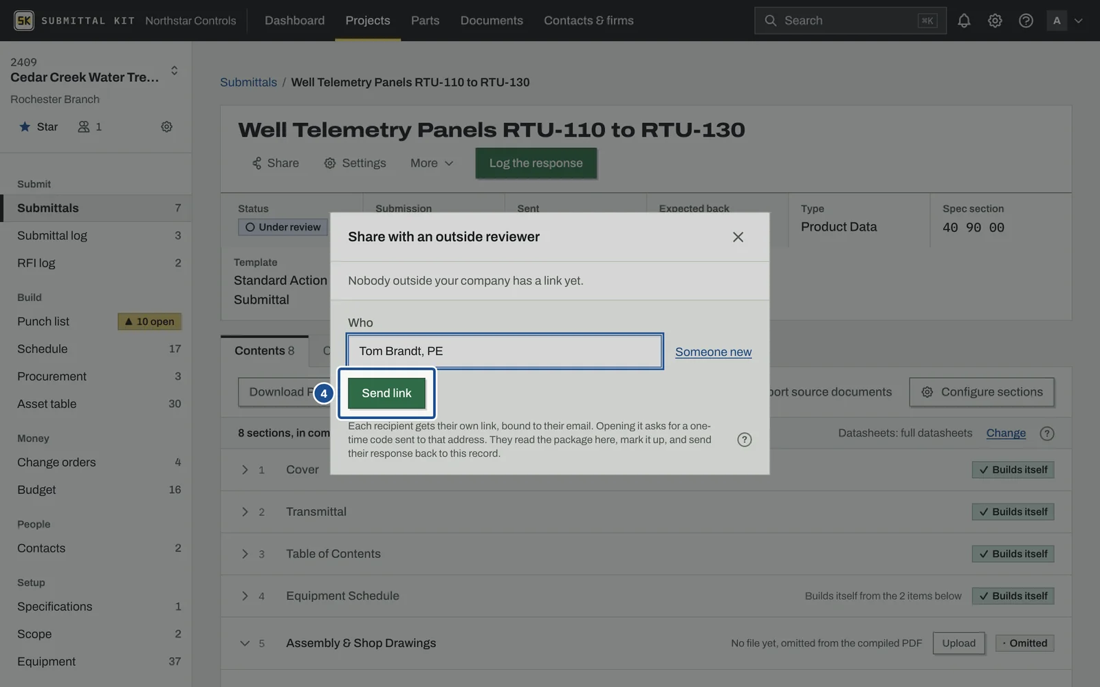 Share with an outside reviewer, step 4: the screen with the control outlined
