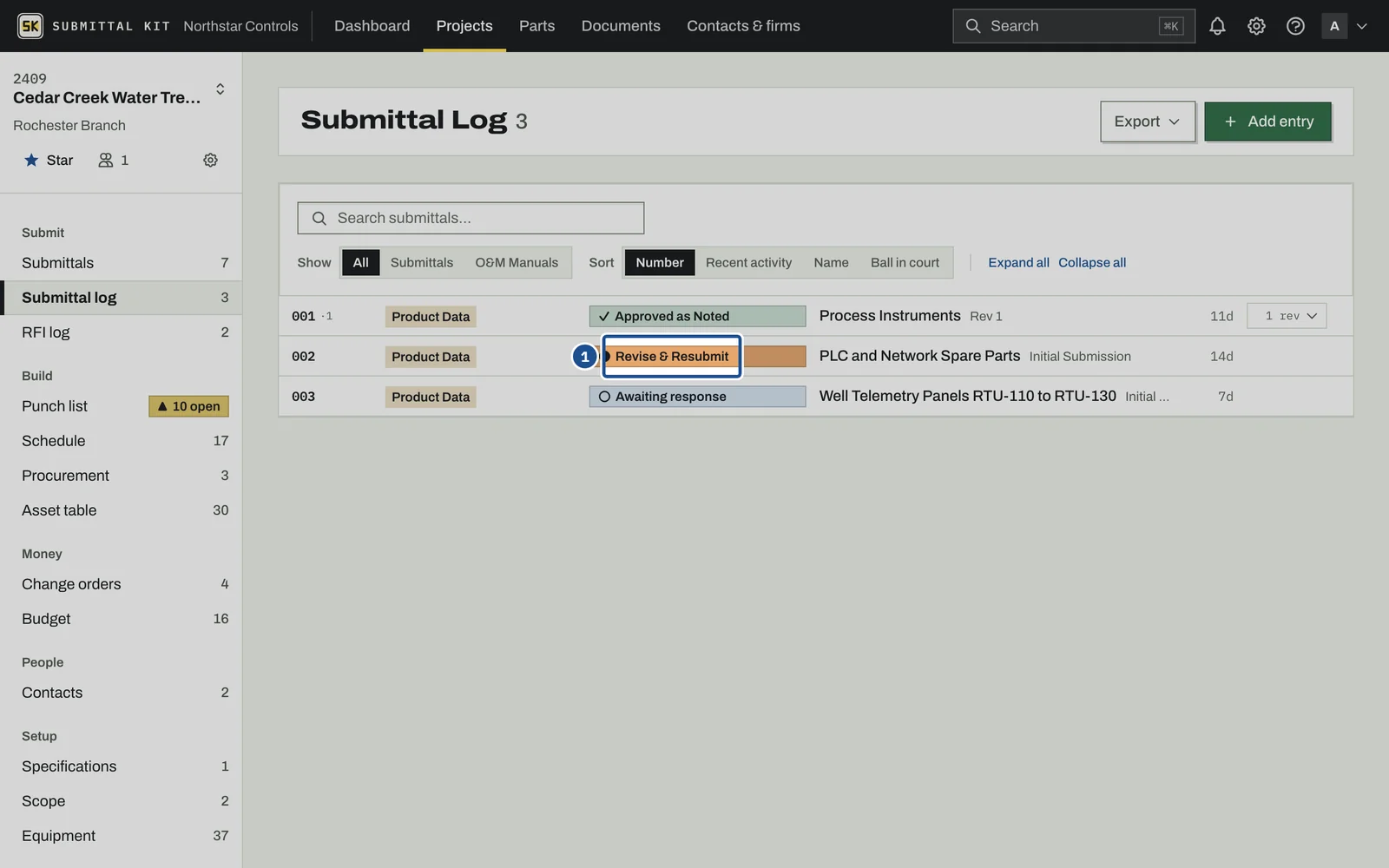 Submittal Log, step 1: the screen with the control outlined