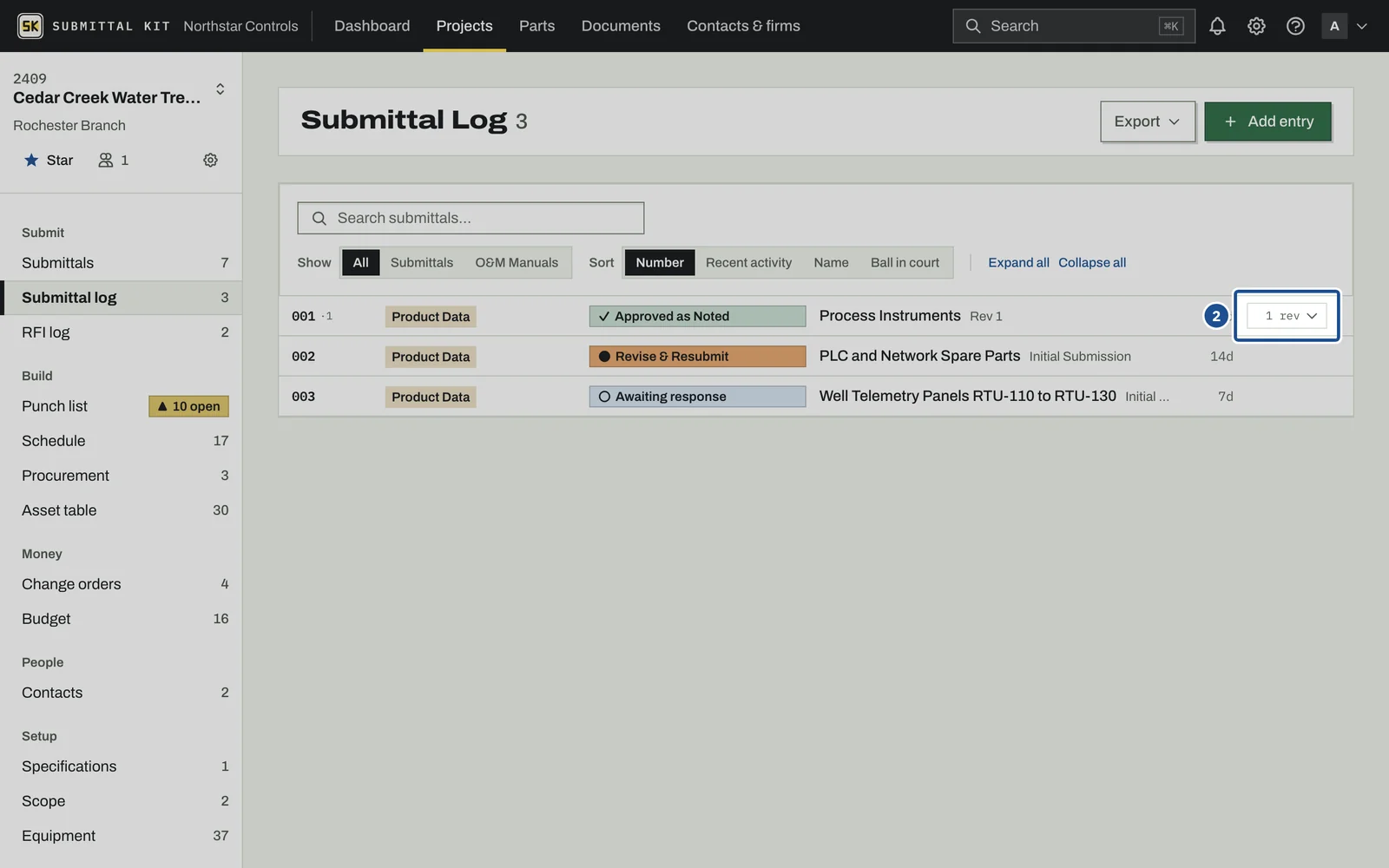 Submittal Log, step 2: the screen with the control outlined