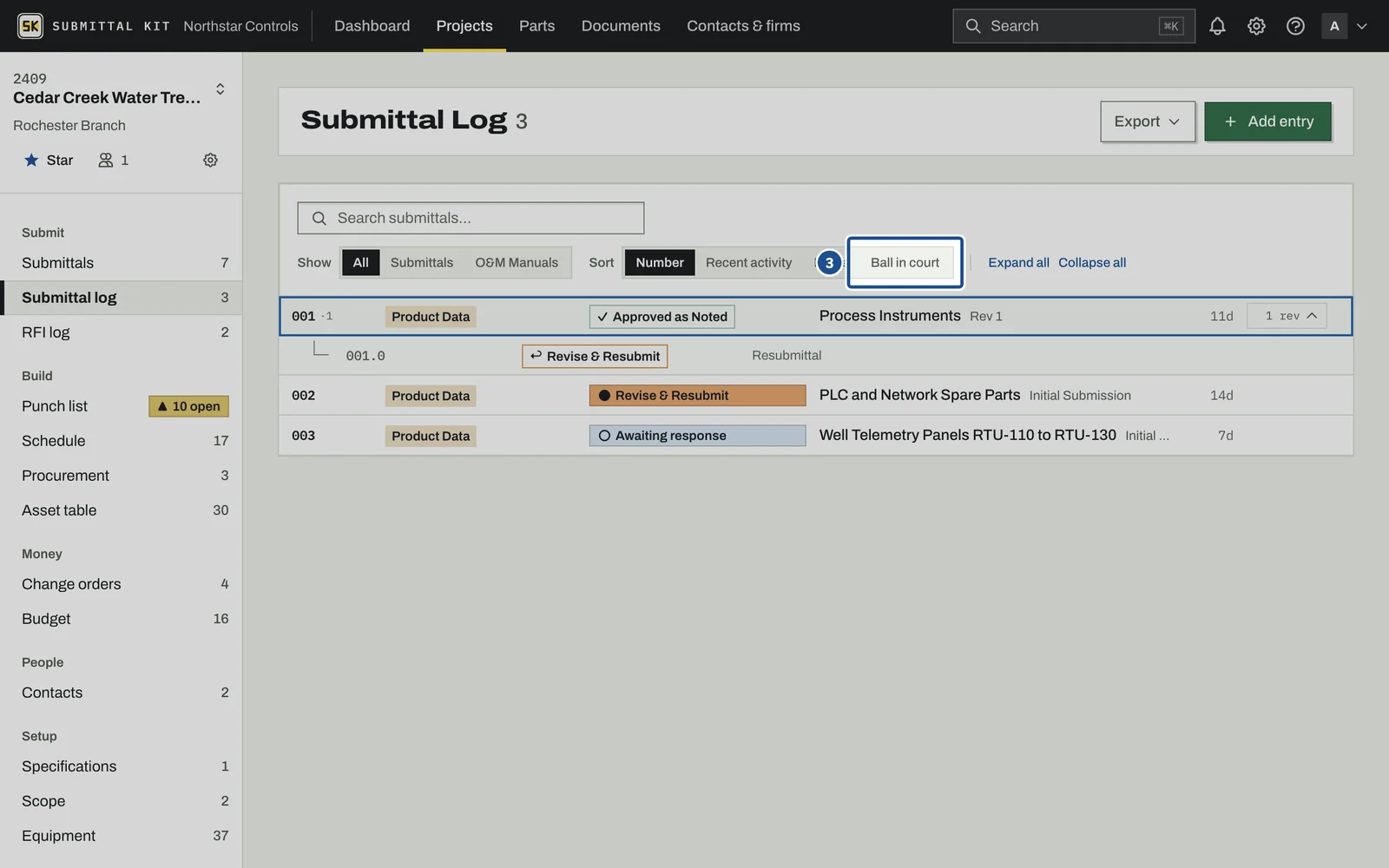 Submittal Log, step 3: the screen with the control outlined