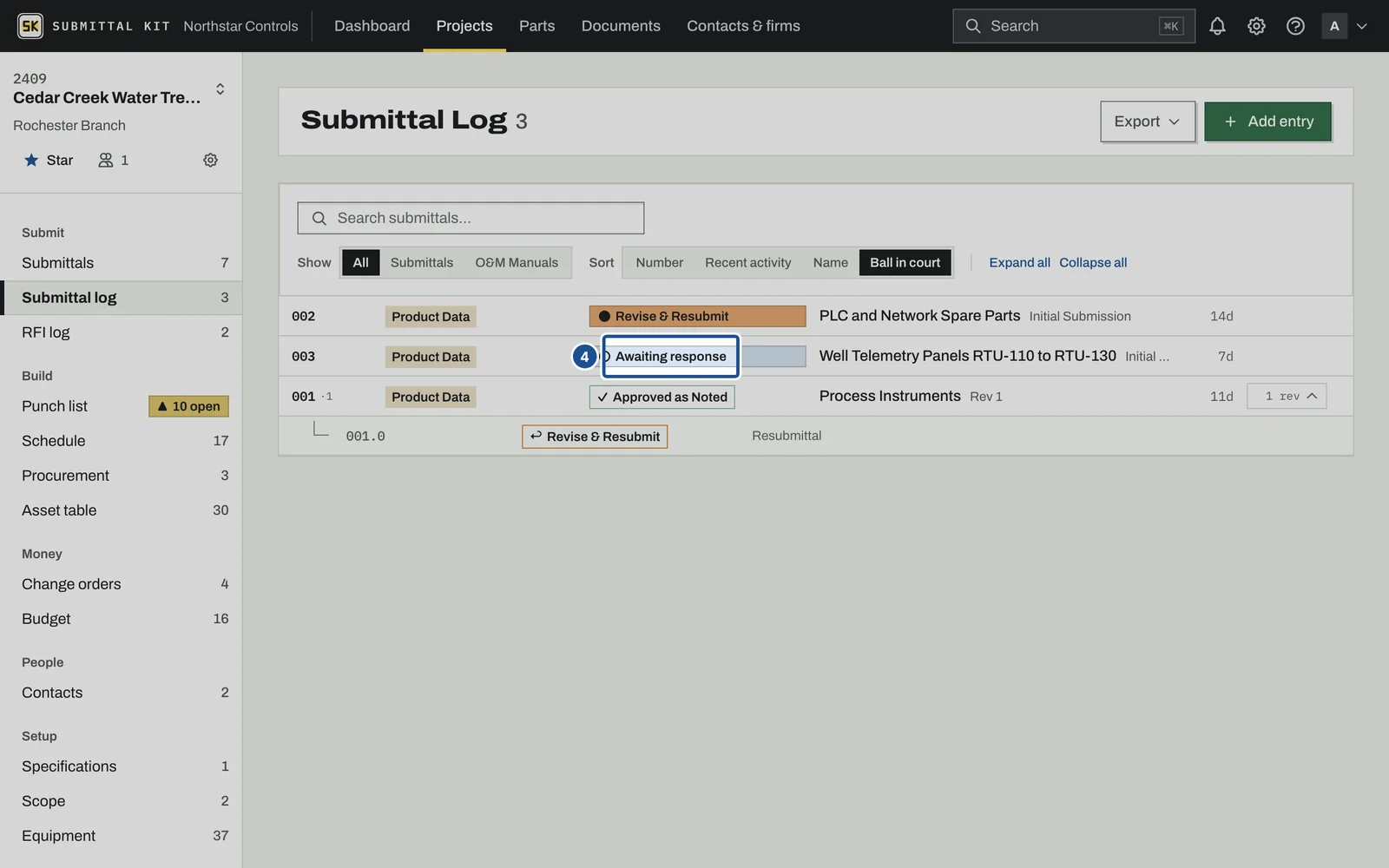 Submittal Log, step 4: the screen with the control outlined