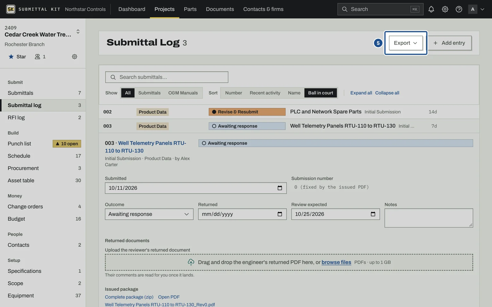 Submittal Log, step 5: the screen with the control outlined