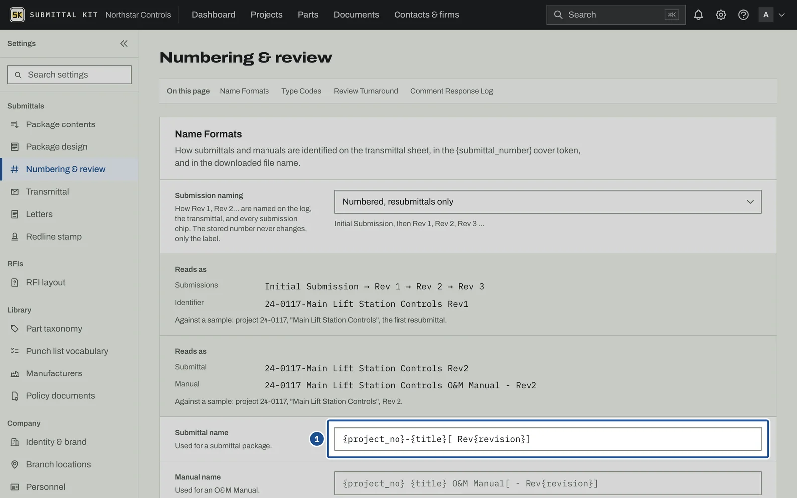 Submittal Numbering, step 1: the screen with the control outlined