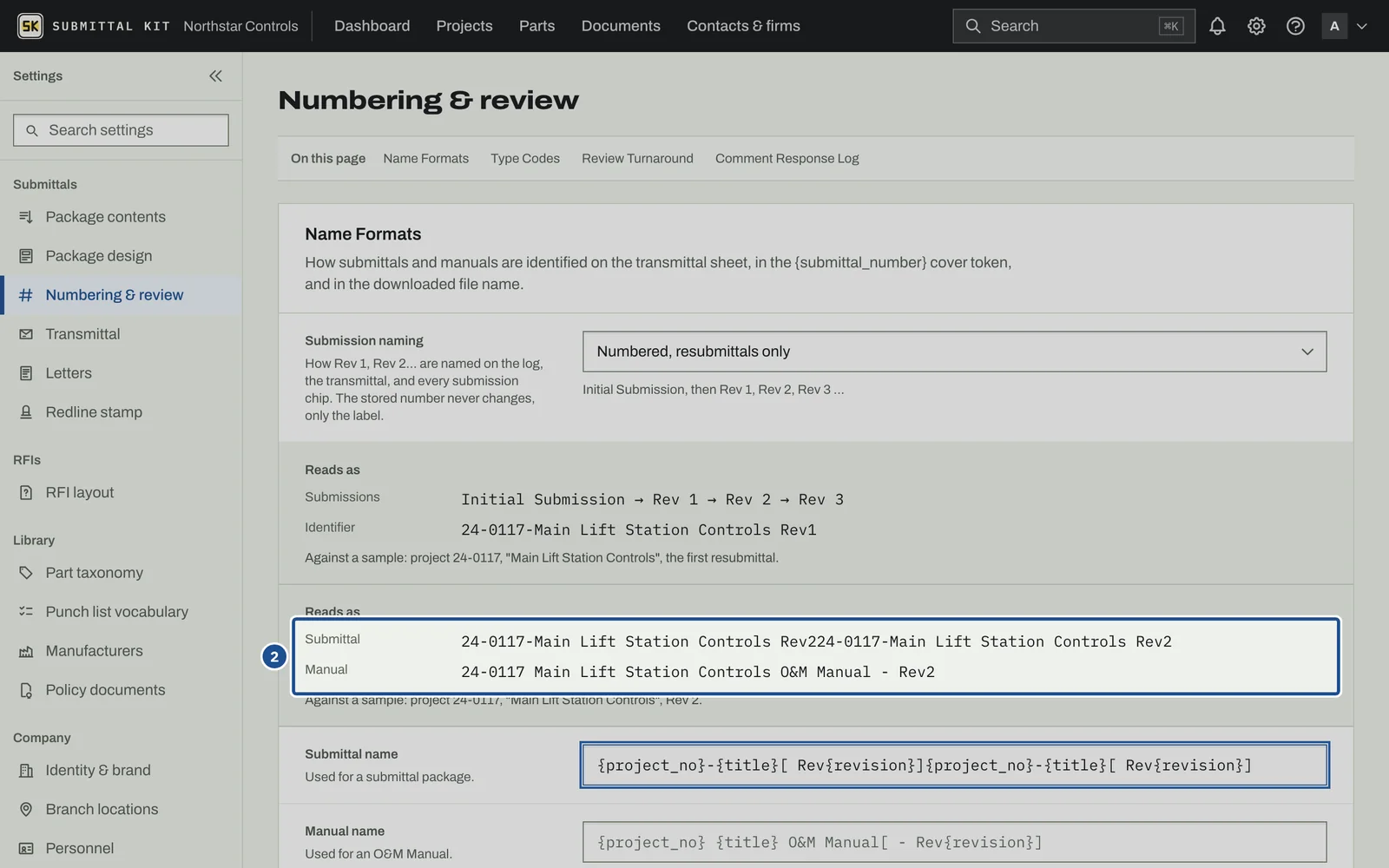 Submittal Numbering, step 2: the screen with the control outlined