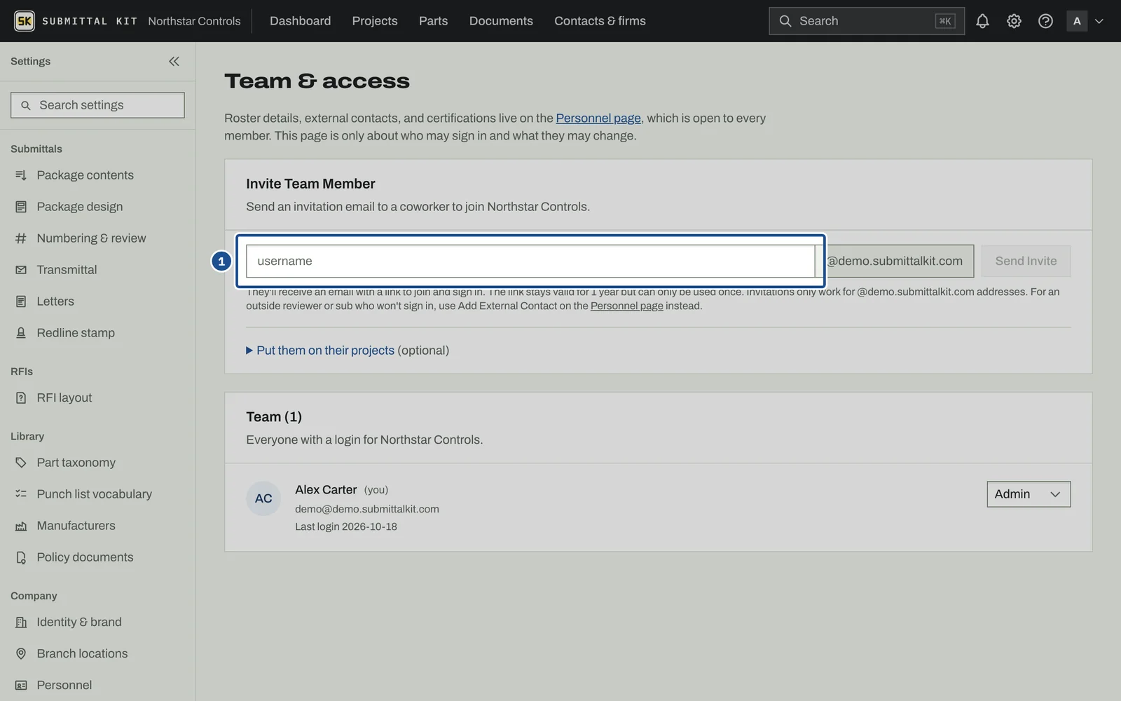 Team & Access, step 1: the screen with the control outlined