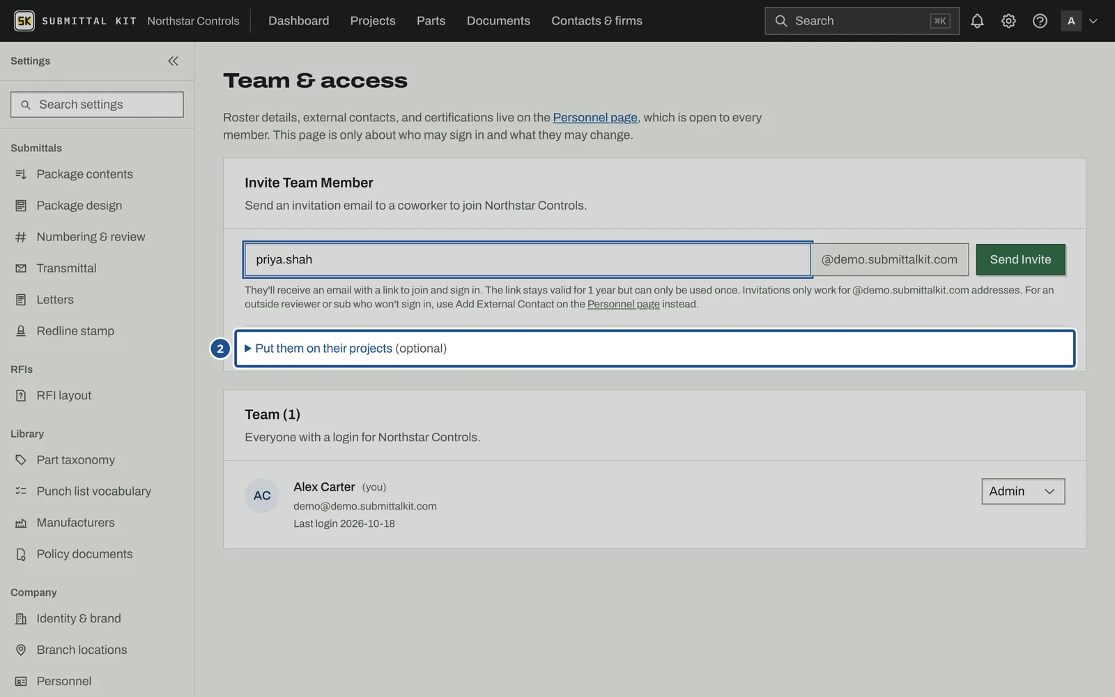 Team & Access, step 2: the screen with the control outlined