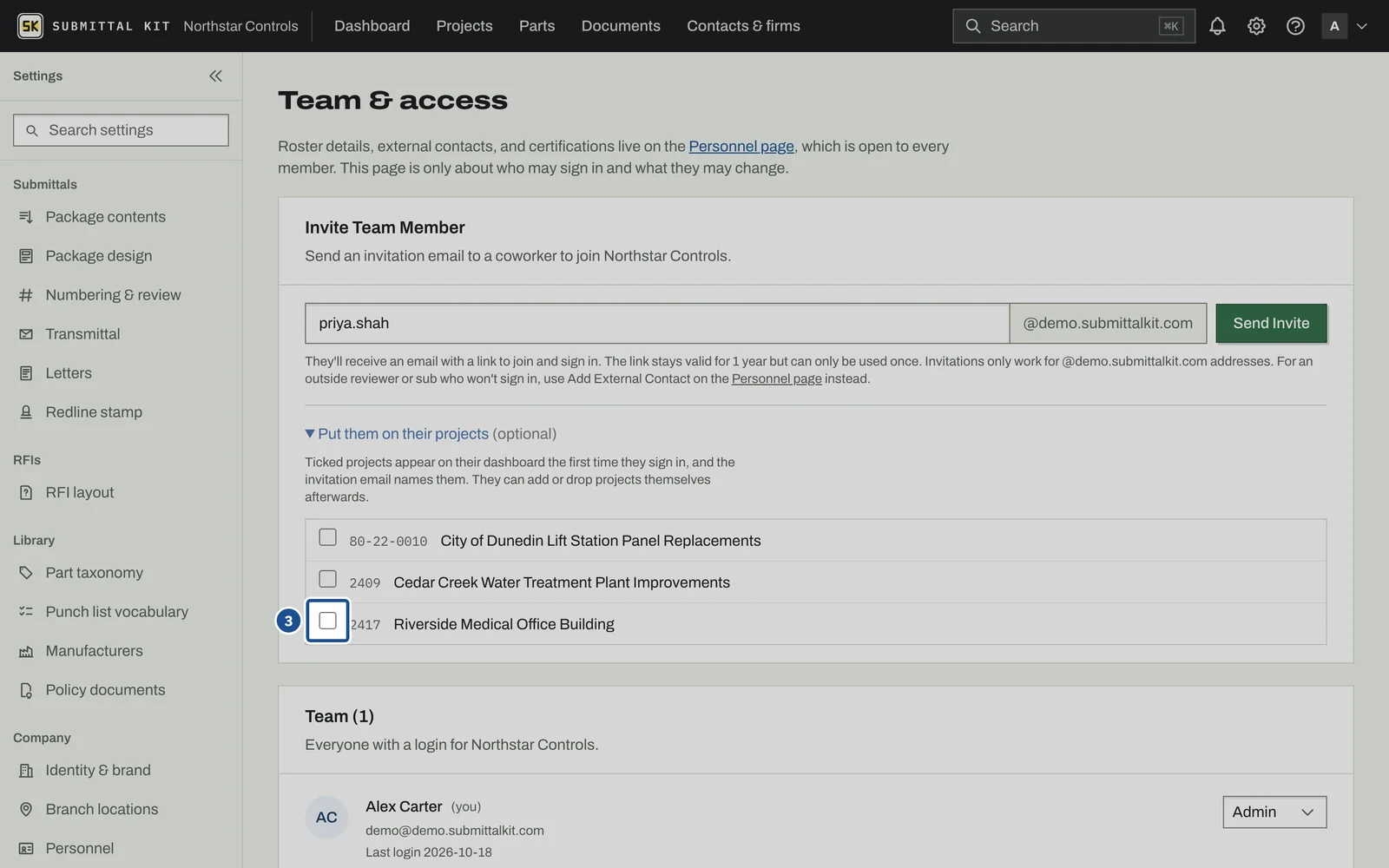 Team & Access, step 3: the screen with the control outlined