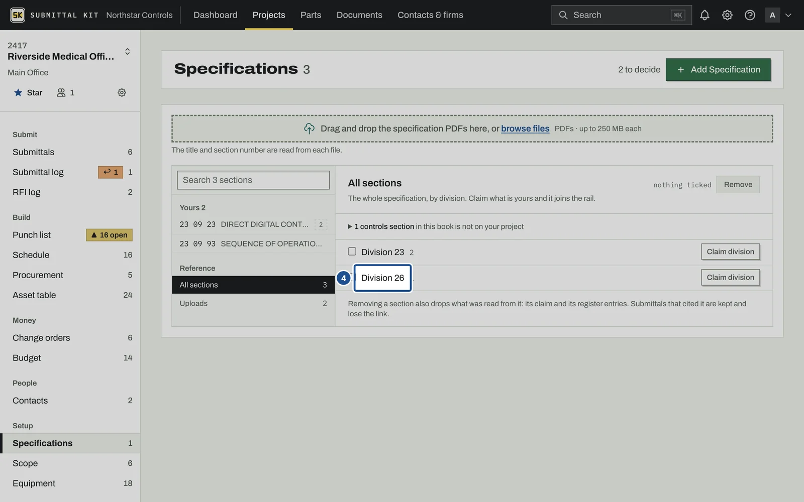 Upload Specifications, step 4: the screen with the control outlined