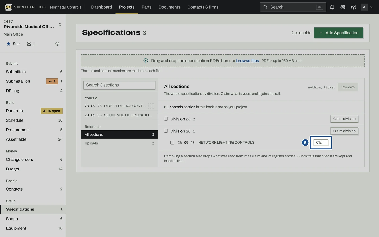 Upload Specifications, step 5: the screen with the control outlined