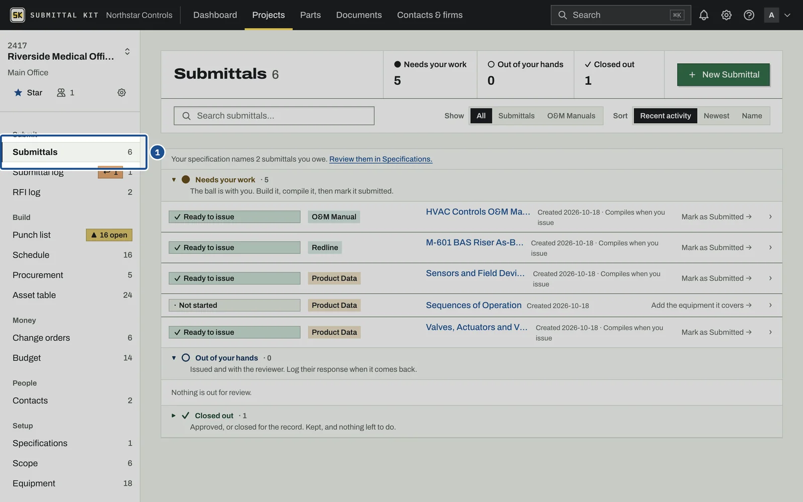What is Submittal Kit, step 1: the screen with the control outlined