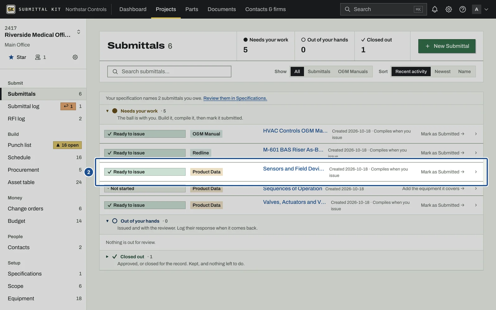 What is Submittal Kit, step 2: the screen with the control outlined