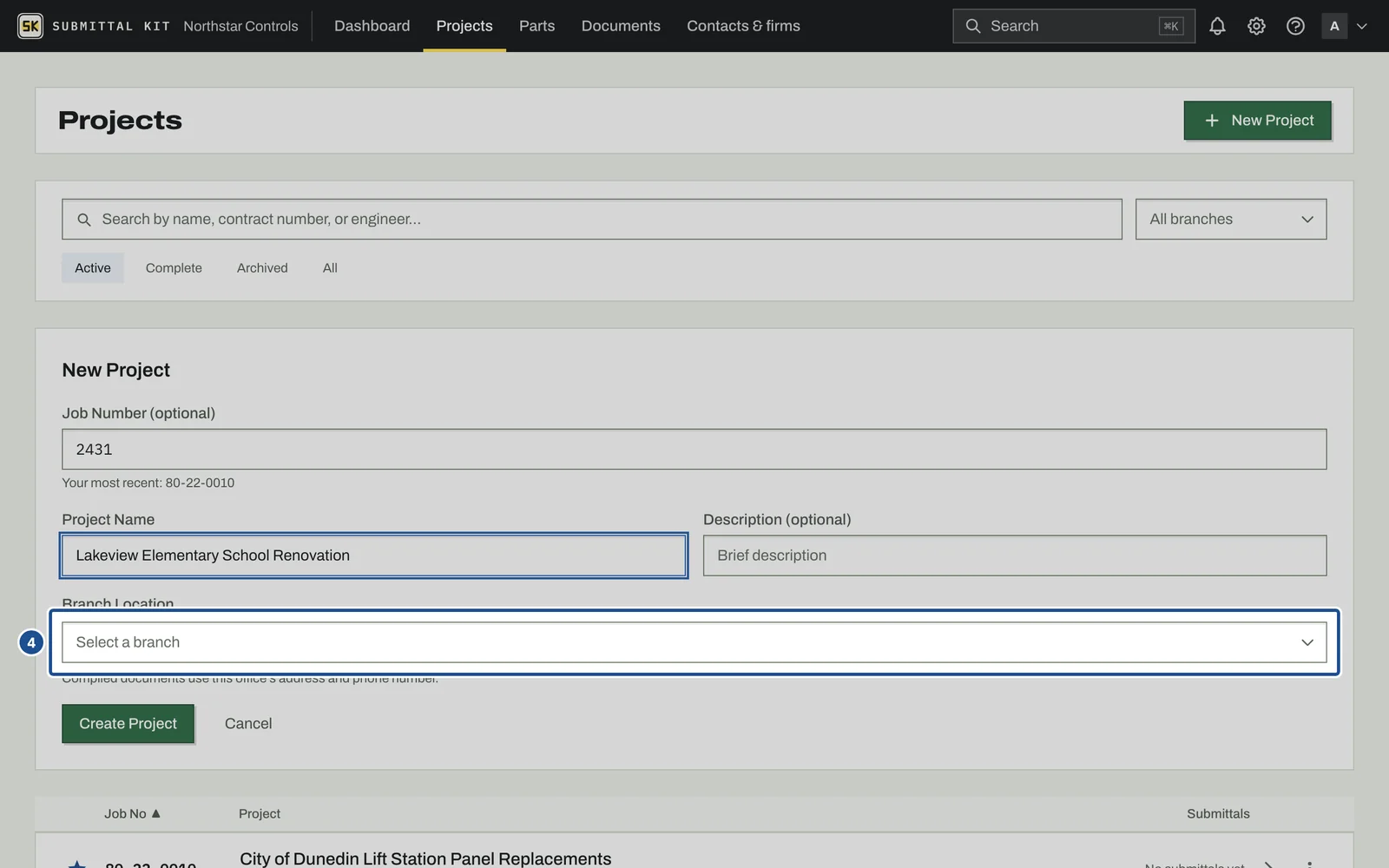 Your First Project, step 4: the screen with the control outlined
