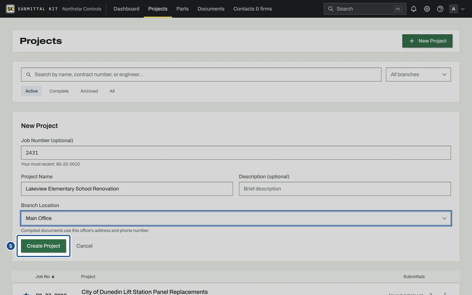 Your First Project, step 5: the screen with the control outlined