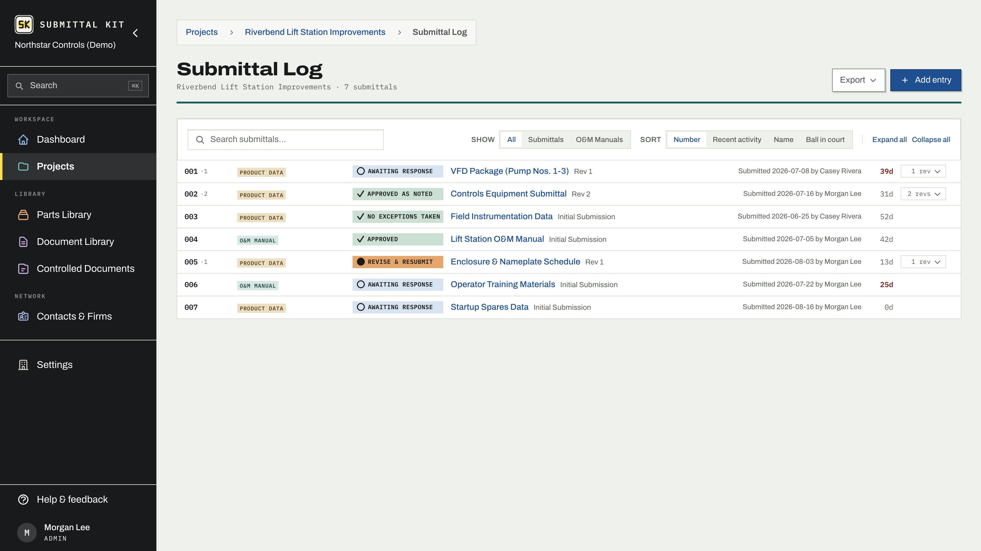 The Submittal Log with revisions and review statuses