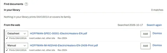 Find Documents results for nVent Hoffman DAH1001A: a datasheet and a manual from the manufacturer, each confirmed to print DAH1001A and ready to add.