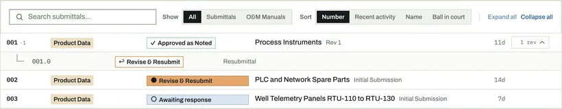 A project submittal log with three submittals: approved as noted after one resubmittal, revise and resubmit, and awaiting response, with days out for each.