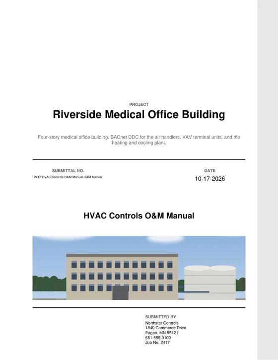 The cover of a compiled O&M manual for Riverside Medical Office Building, submitted by Northstar Controls.