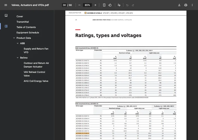 A compiled submittal package open in a PDF viewer. The bookmarks list each manufacturer and item, and the ABB ratings table highlights catalog number ACH580-01-018A-4, with its tags VFD-RF1, VFD-RF2, VFD-SF1 and VFD-SF2 printed across the top of the page.